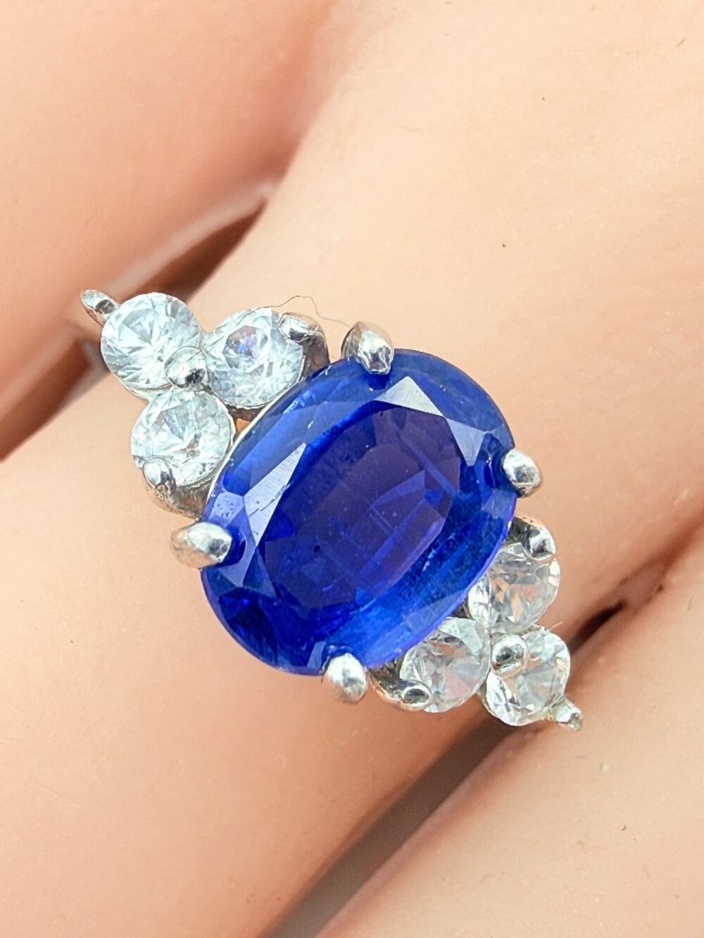 Marked BBJ Sterling Silver Oval Cut Lab Sapphire Topaz Trilogy Ring Sz 10
